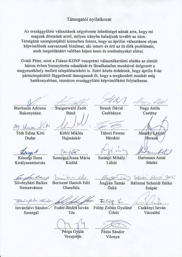 A teljes támogatói levél a 22 polgármester aláírásával